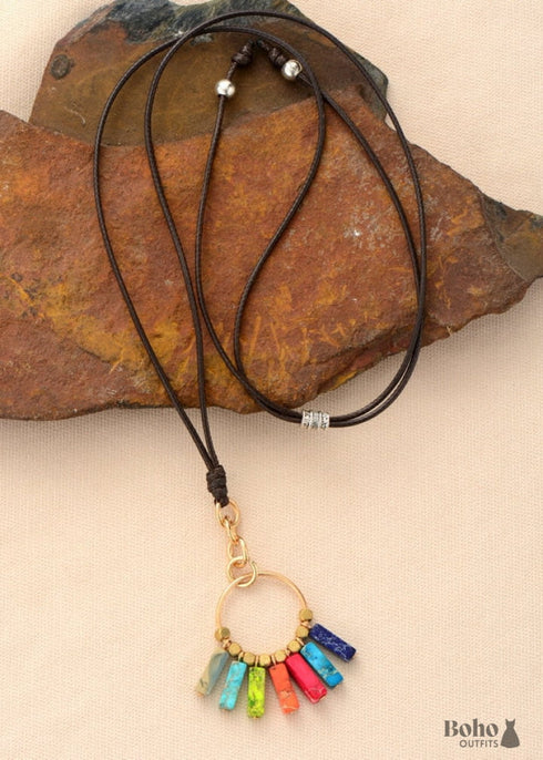 Boho Necklace, Red 7 Color Chakra Pendantn